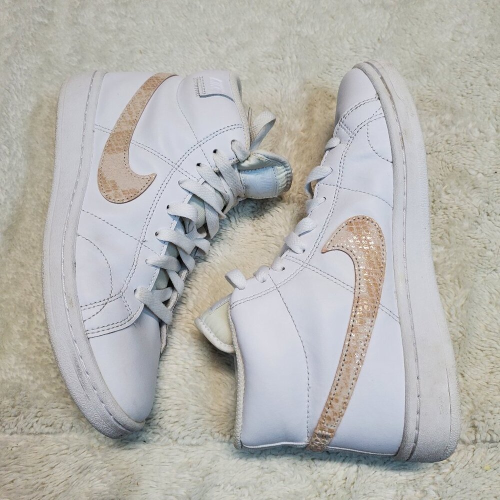 Nike Women's White Sneakers with Beige Metallic Swoosh